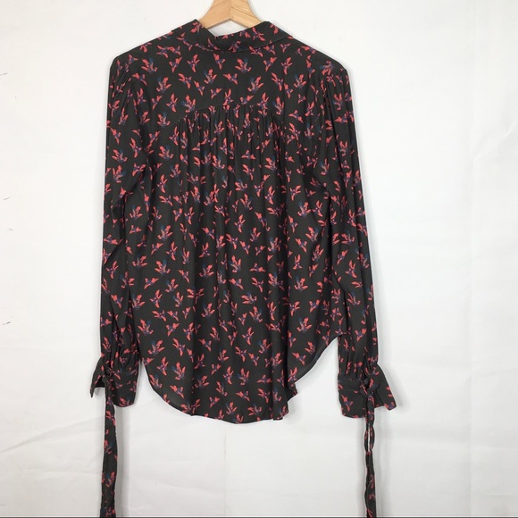 Free People Bird Print Button Up Long Sleeve Tie Cuff Blouse - Picture 7 of 10